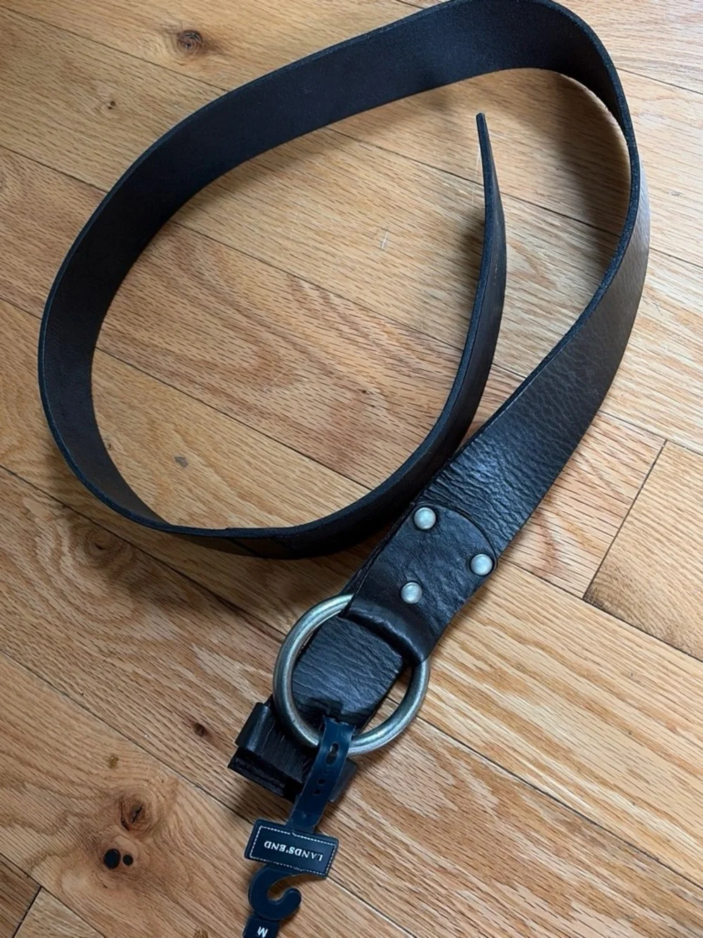 Lands' End Black Leather Belt with Round Metal Ring Buckle